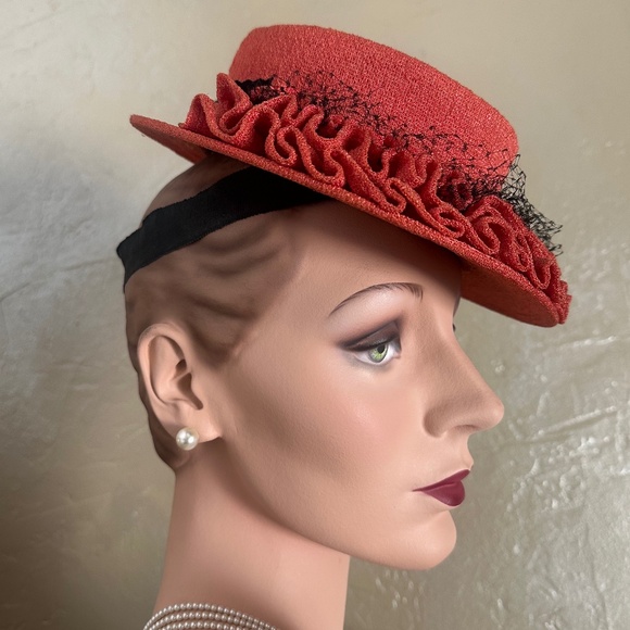UNIQUE 1940s\' SALMON COLOR FABRIC TILT HAT WITH RUFFLES & BLACK VEILING  ON BRIM main image 10